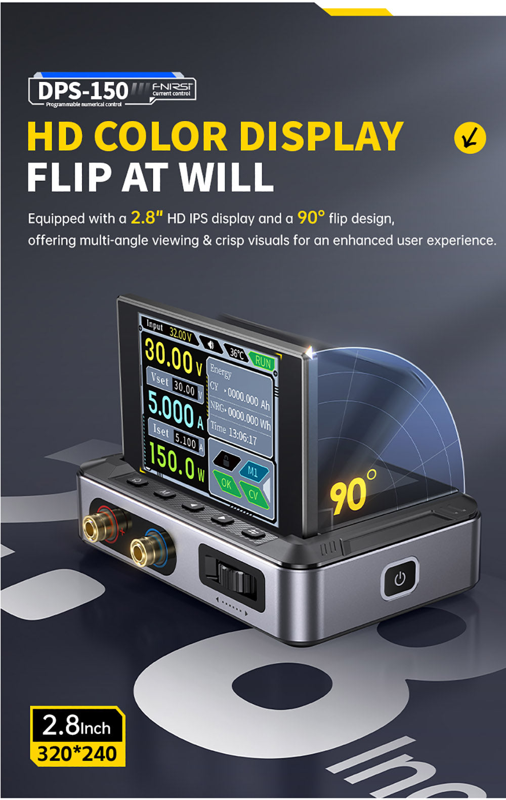 Fuente de alimentación CC variable FNIRSI DPS-150, 30 V 5 A ajustables, 150 W de potencia, pantalla IPS de 4 dígitos, diseño abatible de 90 grados, ondulación de potencia <20 mV, entrada PD/QC/CC, conmutación programable por PC.