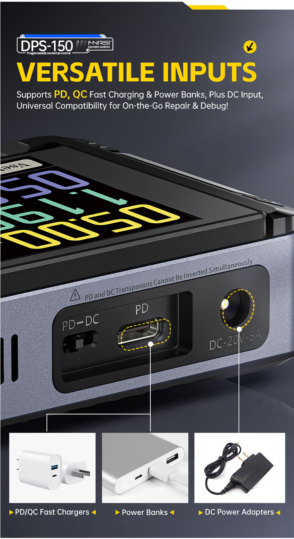 Fuente de alimentación CC variable FNIRSI DPS-150, 30 V 5 A ajustables, 150 W de potencia, pantalla IPS de 4 dígitos, diseño abatible de 90 grados, ondulación de potencia <20 mV, entrada PD/QC/CC, conmutación programable por PC.