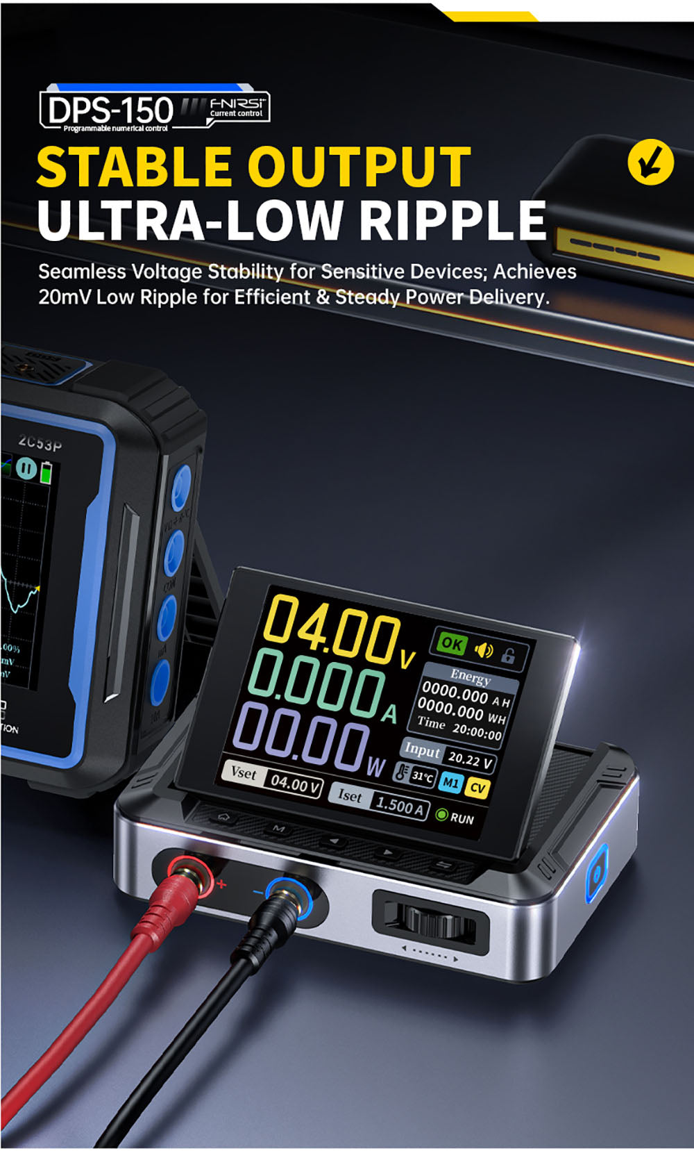 Fuente de alimentación CC variable FNIRSI DPS-150, 30 V 5 A ajustables, 150 W de potencia, pantalla IPS de 4 dígitos, diseño abatible de 90 grados, ondulación de potencia <20 mV, entrada PD/QC/CC, conmutación programable por PC.