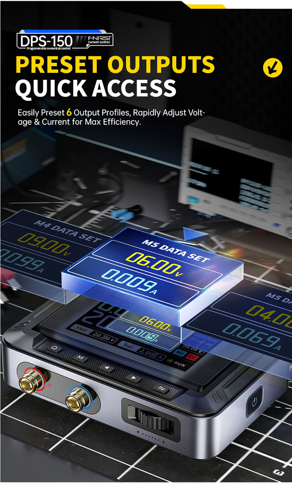 Fuente de alimentación CC variable FNIRSI DPS-150, 30 V 5 A ajustables, 150 W de potencia, pantalla IPS de 4 dígitos, diseño abatible de 90 grados, ondulación de potencia <20 mV, entrada PD/QC/CC, conmutación programable por PC.