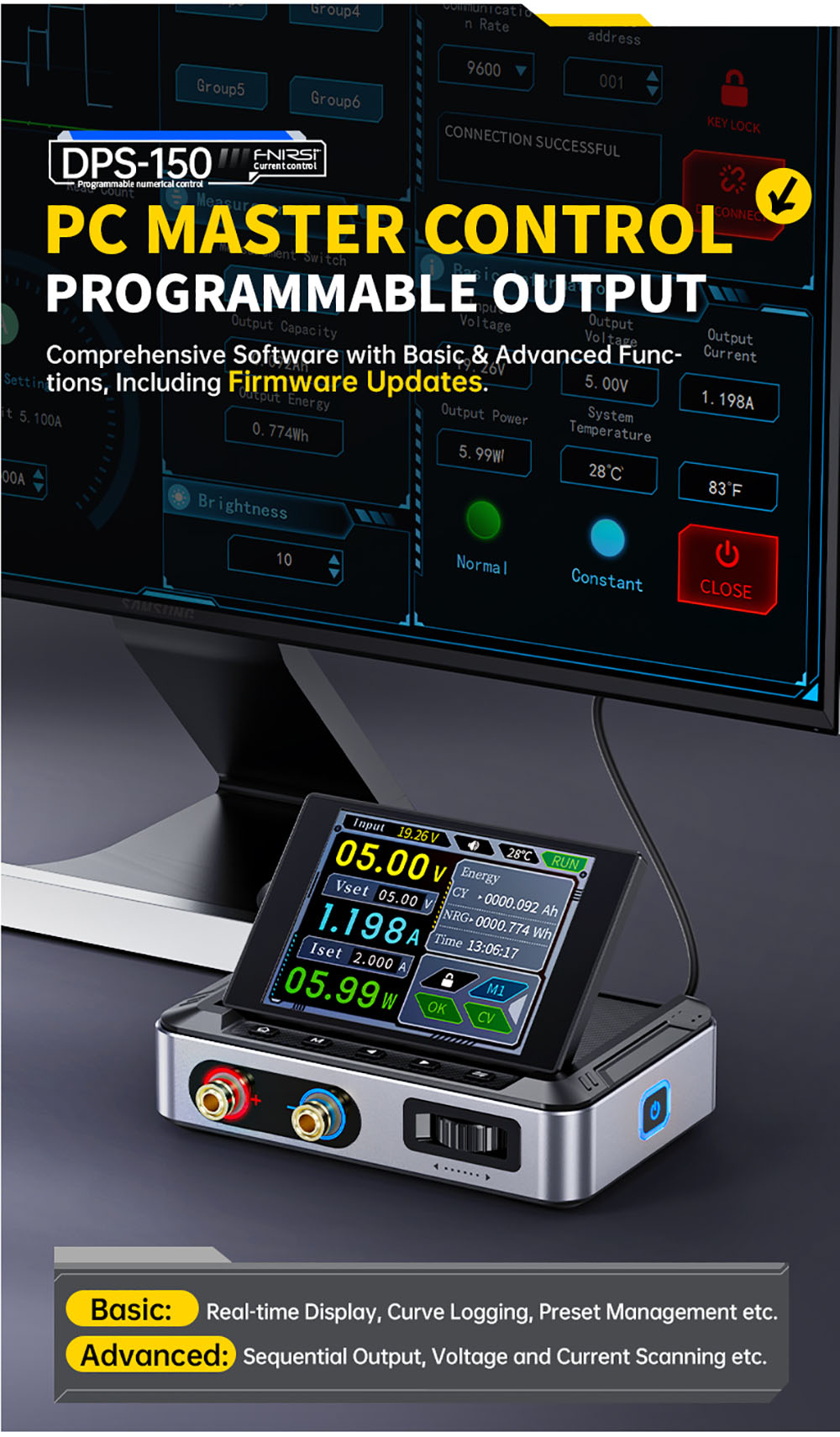 Fuente de alimentación CC variable FNIRSI DPS-150, 30 V 5 A ajustables, 150 W de potencia, pantalla IPS de 4 dígitos, diseño abatible de 90 grados, ondulación de potencia <20 mV, entrada PD/QC/CC, conmutación programable por PC.