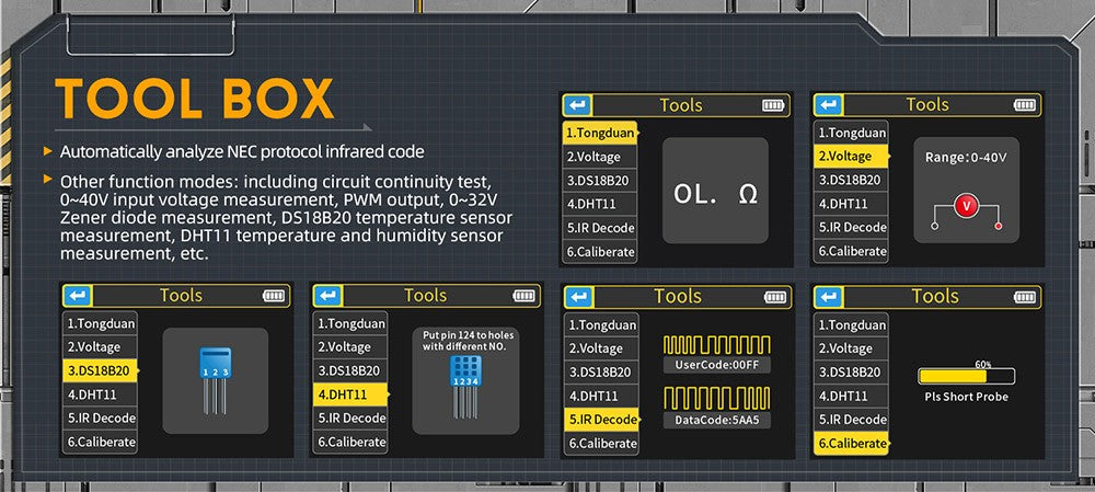 Osciloscopio digital FNIRSI DSO-TC3 3 en 1 con sonda de alto voltaje P6100, generador de señales DDS, probador de transistores, 1 canal, ancho de banda de 500 kHz, frecuencia de muestreo de 10 MSa/s, 6 tipos de formas de onda.