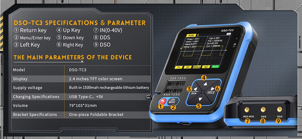 Osciloscopio digital FNIRSI DSO-TC3 3 en 1 con sonda de alto voltaje P6100, generador de señales DDS, probador de transistores, 1 canal, ancho de banda de 500 kHz, frecuencia de muestreo de 10 MSa/s, 6 tipos de formas de onda.