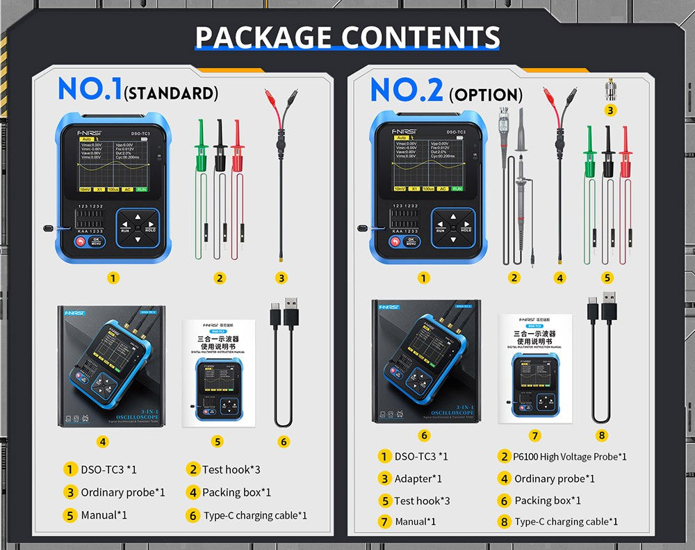 Osciloscopio digital FNIRSI DSO-TC3 3 en 1 con sonda de alto voltaje P6100, generador de señales DDS, probador de transistores, 1 canal, ancho de banda de 500 kHz, frecuencia de muestreo de 10 MSa/s, 6 tipos de formas de onda.