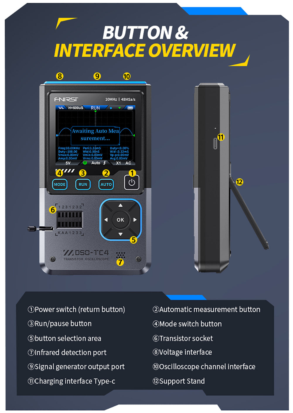 Osciloscopio digital FNIRSI DSO-TC4, ancho de banda de 10 MHz, muestreo de 48 MSa/s, generador de señales, probador de transistores, 2.8"