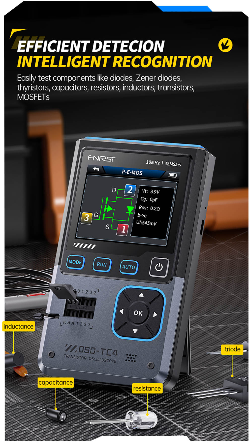 Osciloscopio digital FNIRSI DSO-TC4, ancho de banda de 10 MHz, muestreo de 48 MSa/s, generador de señales, probador de transistores, 2.8"