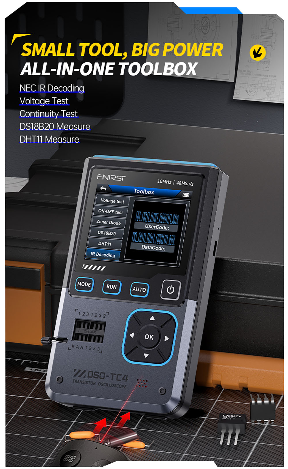 Osciloscopio digital FNIRSI DSO-TC4, ancho de banda de 10 MHz, muestreo de 48 MSa/s, generador de señales, probador de transistores, 2.8"