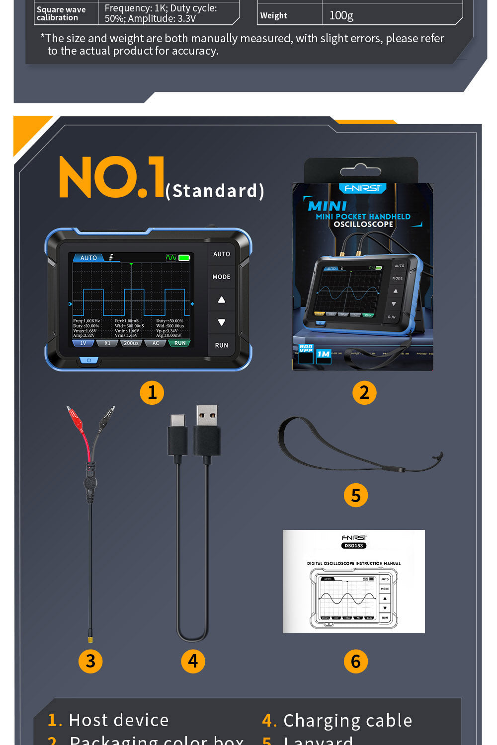 Osciloscopio digital FNIRSI DSO153, pantalla de 2,8 pulgadas, ajuste automático, batería de litio de 1000 mAh, onda cuadrada de calibración de 1 kHz, ancho de banda de 1 MHz, frecuencia de muestreo de 5 MS/s, versión premium.