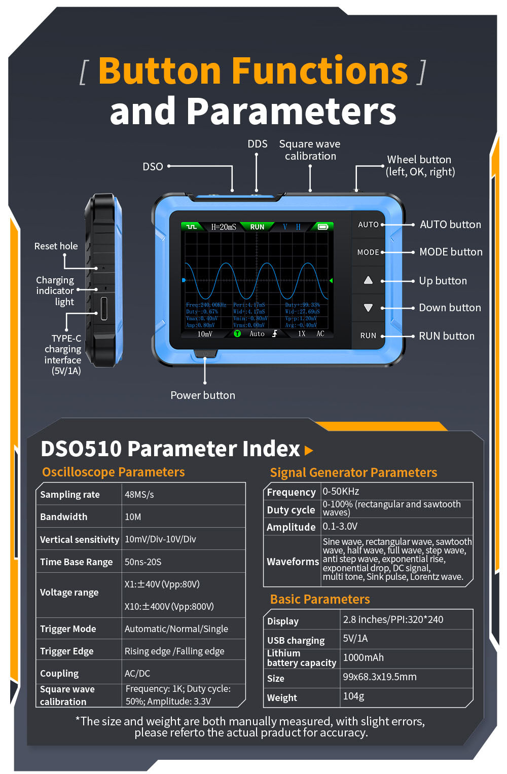 Osciloscopio digital FNIRSI DSO510 2 en 1, generador de señales DDS, pantalla de 2,8 pulgadas, ancho de banda de 10 MHz, frecuencia de muestreo de 48 MS/s, modo de disparo automático/normal/único.