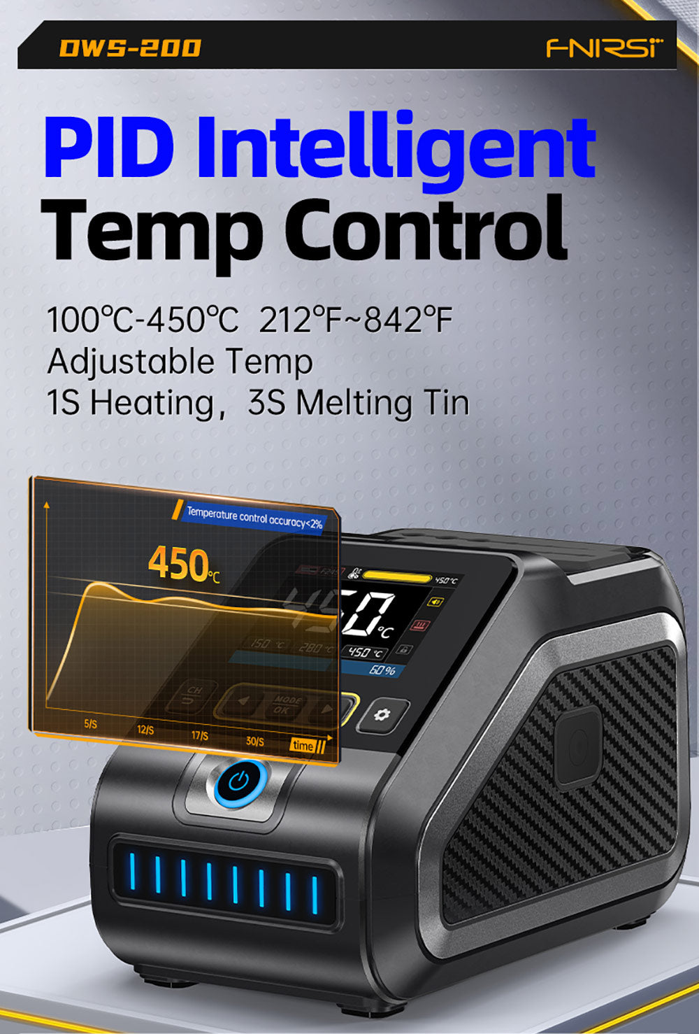 Kit de estación de soldadura FNIRSI DWS-200 F210 Premium de 200 W, con 3 puntas de soldador y 2 manos auxiliares, modo de valor y curva de temperatura, almacenamiento de 3 temperaturas, pantalla a todo color.