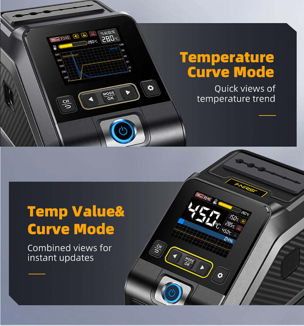 Kit de estación de soldadura FNIRSI DWS-200 F210 Premium de 200 W, con 3 puntas de soldador y 2 manos auxiliares, modo de valor y curva de temperatura, almacenamiento de 3 temperaturas, pantalla a todo color.
