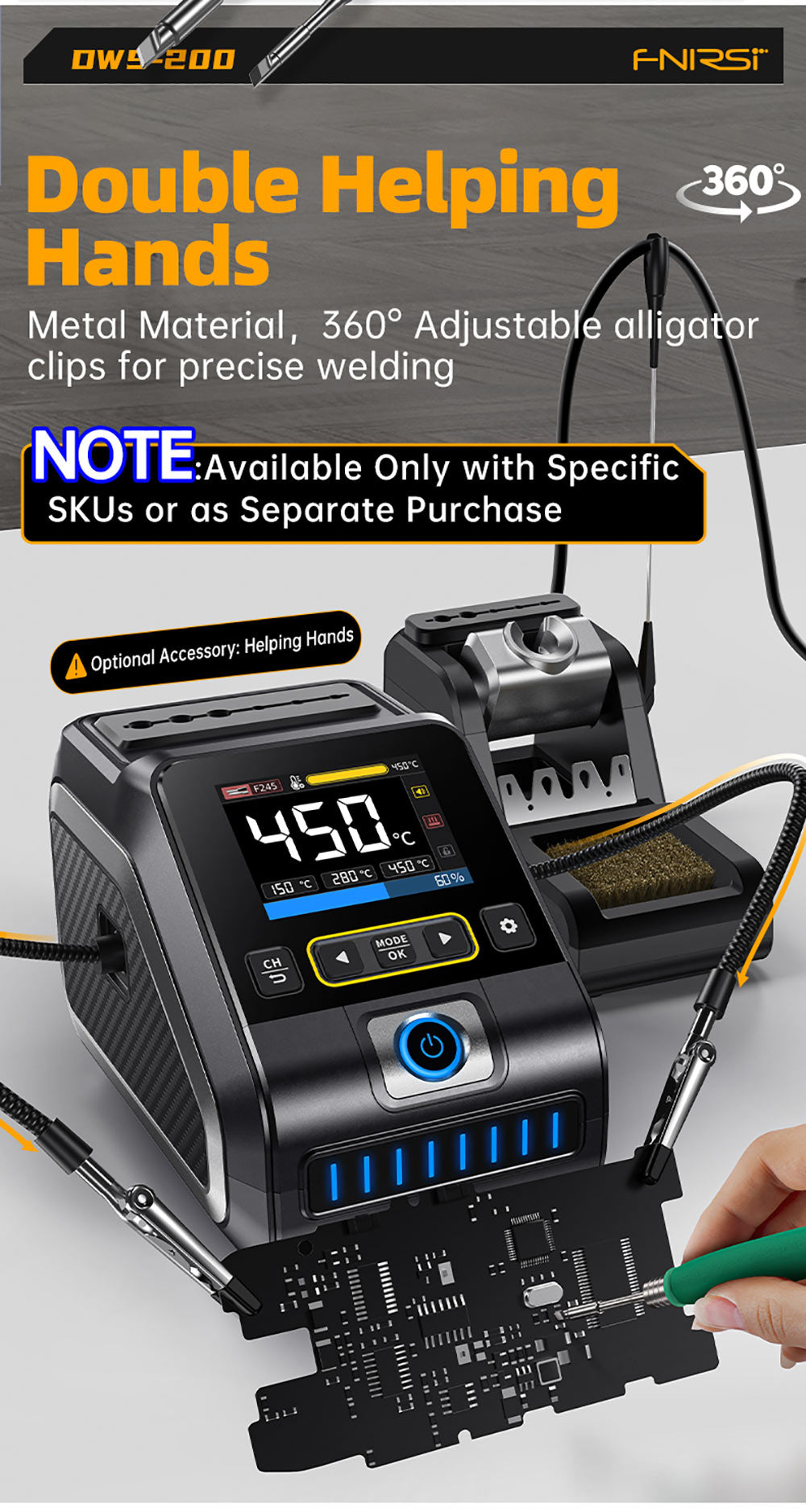 Kit de estación de soldadura FNIRSI DWS-200 F210 Premium de 200 W, con 3 puntas de soldador y 2 manos auxiliares, modo de valor y curva de temperatura, almacenamiento de 3 temperaturas, pantalla a todo color.