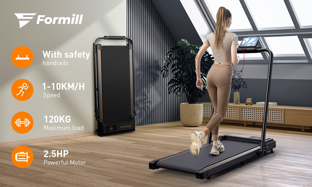 Cinta de andar Formill FT-51 2 en 1, motor de 2,5 HP, pantalla LED, carga máxima de 120 kg (265 lbs), velocidad de carrera de 1-10 km/h.