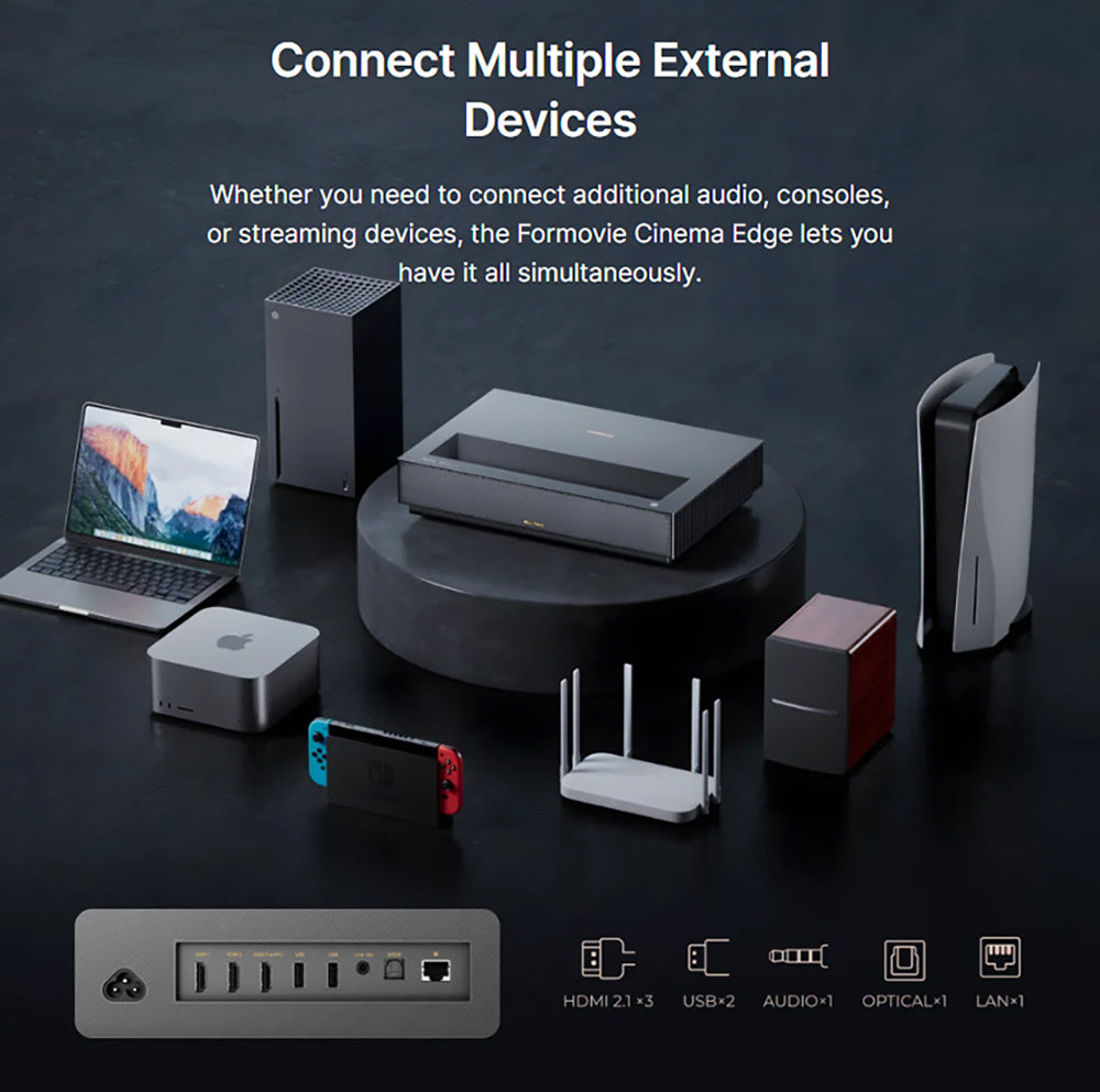 Proyector láser Formovie Cinema Edge 4K, 2100 lúmenes ISO, Google TV, Netflix integrado, Dolby Audio, 2 altavoces de 15 W, HDR10, WiFi 6.