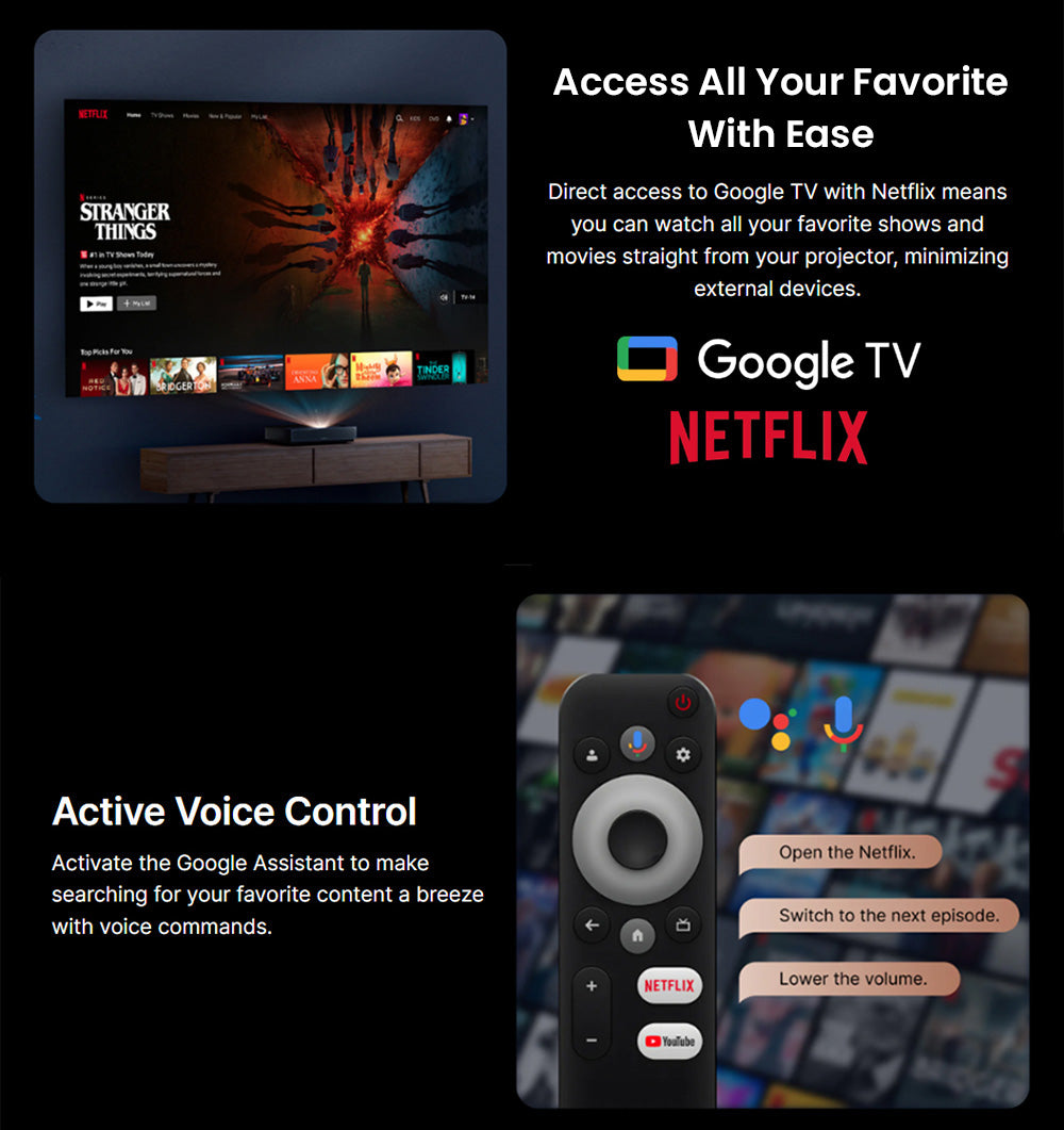 Proyector láser Formovie Cinema Edge 4K, 2100 lúmenes ISO, Google TV, Netflix integrado, Dolby Audio, 2 altavoces de 15 W, HDR10, WiFi 6.