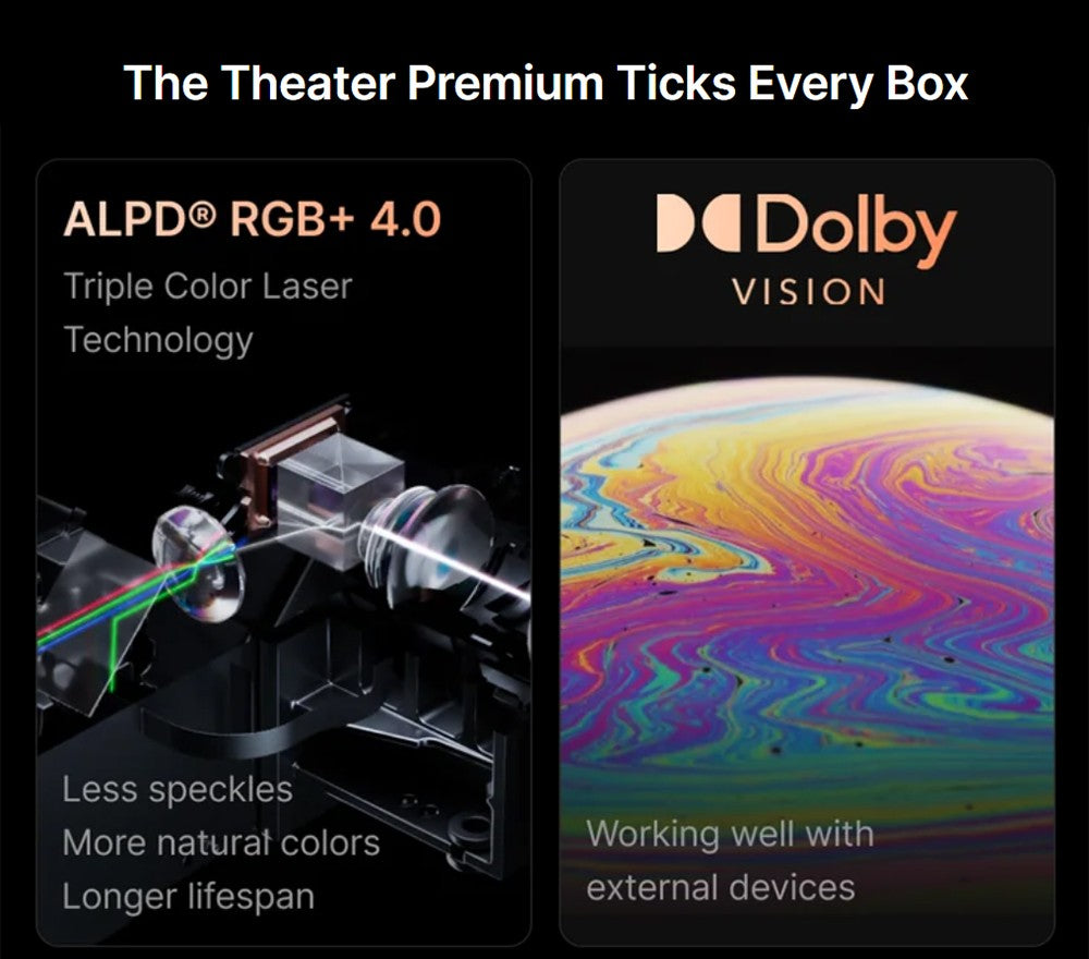 Proyector láser 4K Formovie Theater Premium, relación de alcance ultracorto 0.21:1, Google TV, Netflix integrado, 2200 lúmenes ISO, Dolby Vision y Atmos, MEMC y ALLM, corrección trapezoidal de 8 puntos.