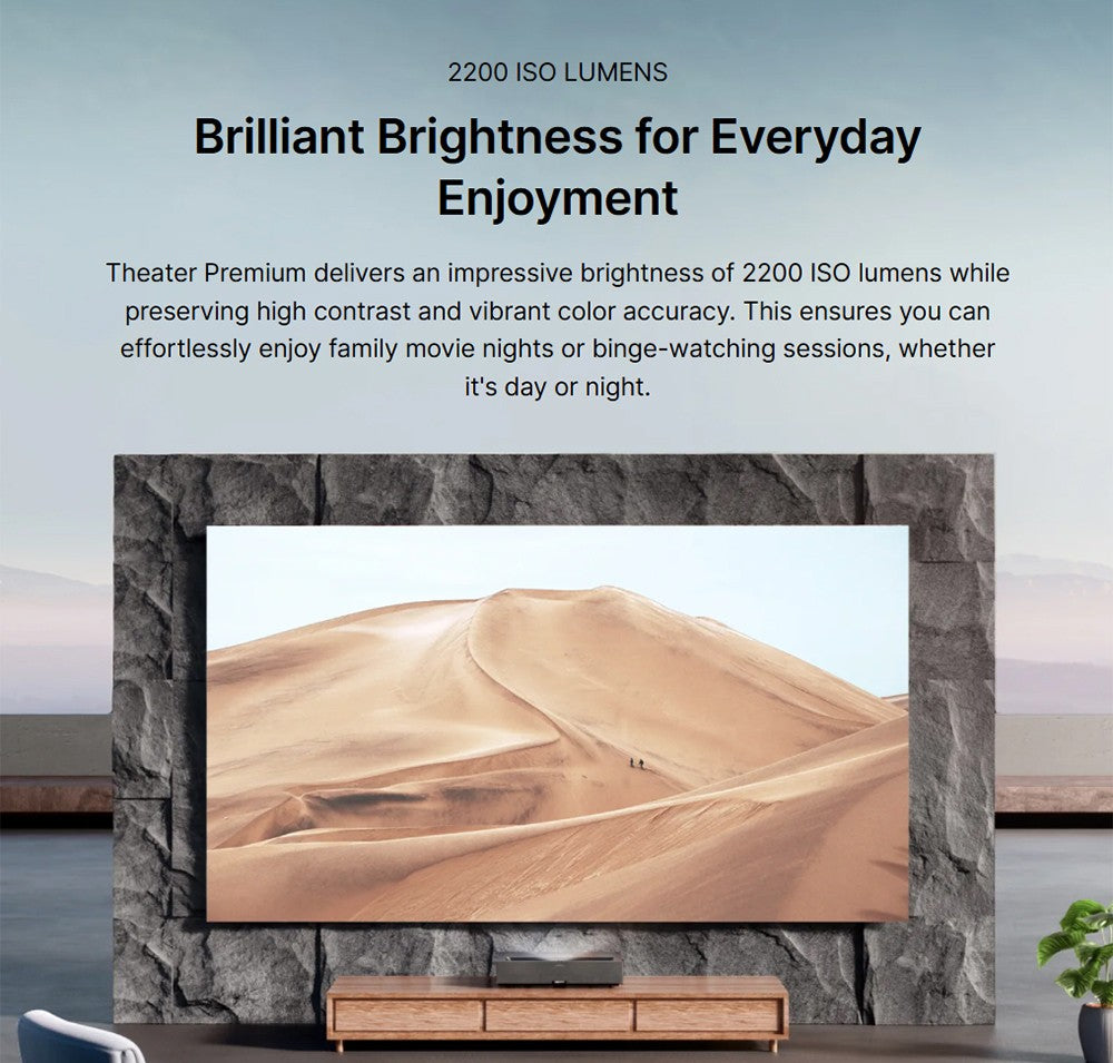 Proyector láser 4K Formovie Theater Premium, relación de alcance ultracorto 0.21:1, Google TV, Netflix integrado, 2200 lúmenes ISO, Dolby Vision y Atmos, MEMC y ALLM, corrección trapezoidal de 8 puntos.