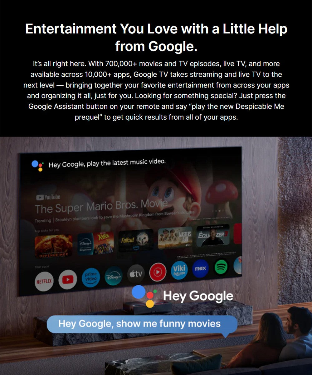 Proyector láser 4K Formovie Theater Premium, relación de alcance ultracorto 0.21:1, Google TV, Netflix integrado, 2200 lúmenes ISO, Dolby Vision y Atmos, MEMC y ALLM, corrección trapezoidal de 8 puntos.