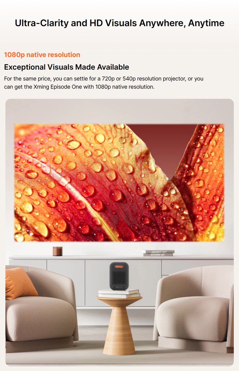 Proyector Formovie Xming Episode One, Google TV, resolución nativa 1080p, 150 lúmenes ISO, relación de contraste 1500:1, Dolby Audio, Netflix integrado.