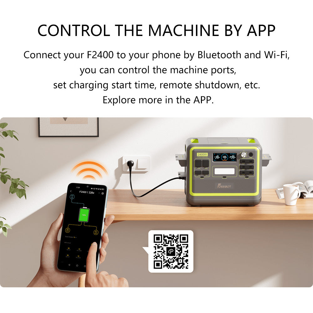 FOSSiBOT F2400 Portable Power Station, 2048Wh LiFePO4 Battery 2400W Output Solar Generator, 3xAC RV Car USB Type-C QC3.0 PD DC5521 Pure Sine Wave Full Outlets, 1.5 Hours Fast Charging, Input Power Adjustment Knob, Bidirectional Inverter - Green