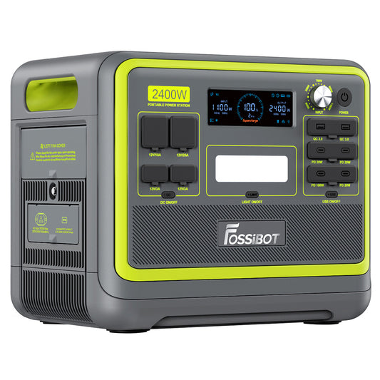 FOSSiBOT F2400 Portable Power Station, 2048Wh LiFePO4 Battery 2400W Output Solar Generator, 3xAC RV Car USB Type-C QC3.0 PD DC5521 Pure Sine Wave Full Outlets, 1.5 Hours Fast Charging, Input Power Adjustment Knob, Bidirectional Inverter - Green