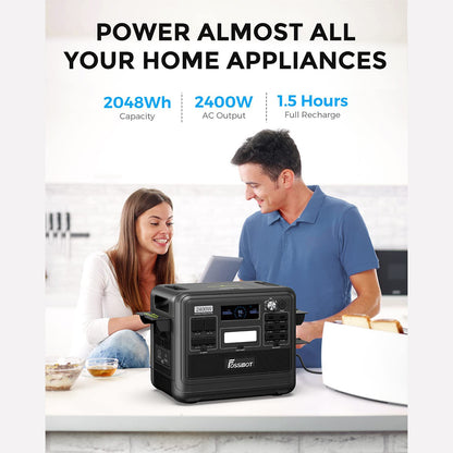 FOSSiBOT F2400 Portable Power Station, 2048Wh LiFePO4 Battery 2400W Output Solar Generator, 3xAC RV Car USB Type-C QC3.0 PD DC5521 Pure Sine Wave Full Outlets, 1.5 Hours Fast Charging, Input Power Adjustment Knob, Bidirectional Inverter - Green