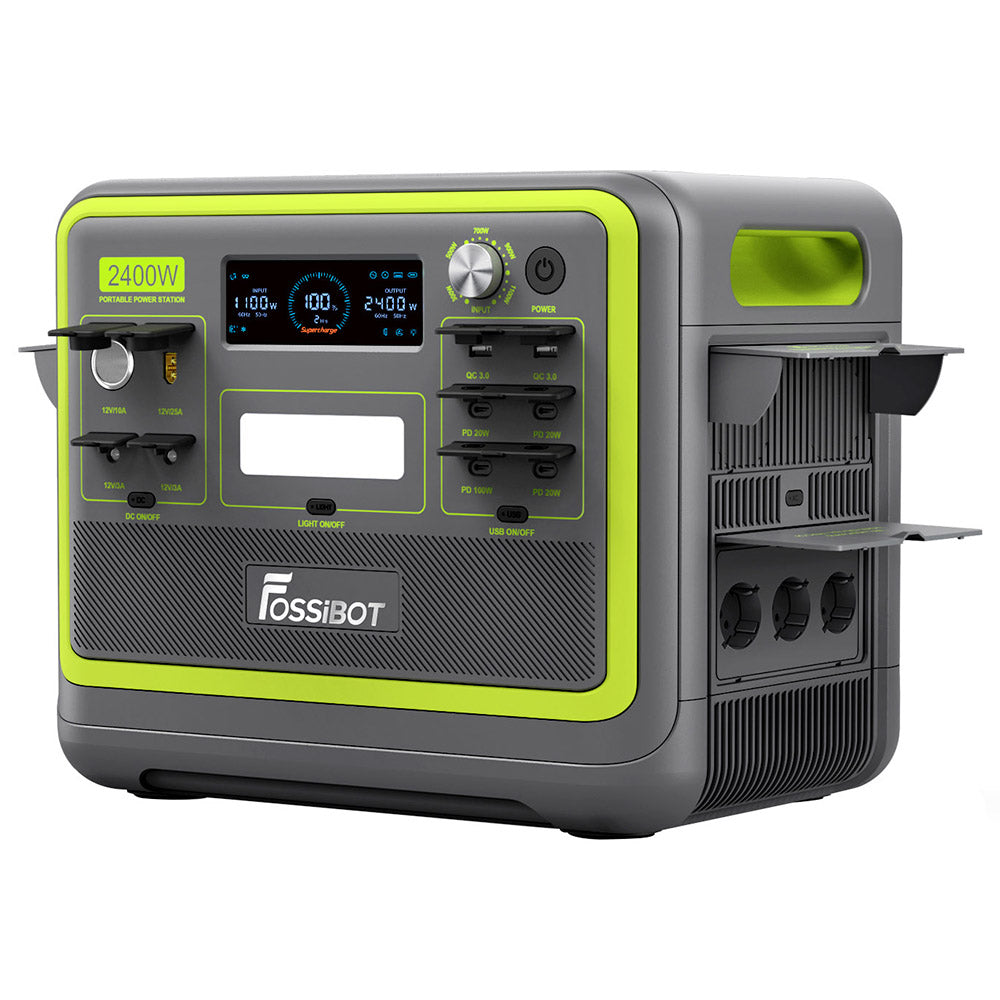 FOSSiBOT F2400 Portable Power Station, 2048Wh LiFePO4 Battery 2400W Output Solar Generator, 3xAC RV Car USB Type-C QC3.0 PD DC5521 Pure Sine Wave Full Outlets, 1.5 Hours Fast Charging, Input Power Adjustment Knob, Bidirectional Inverter - Green