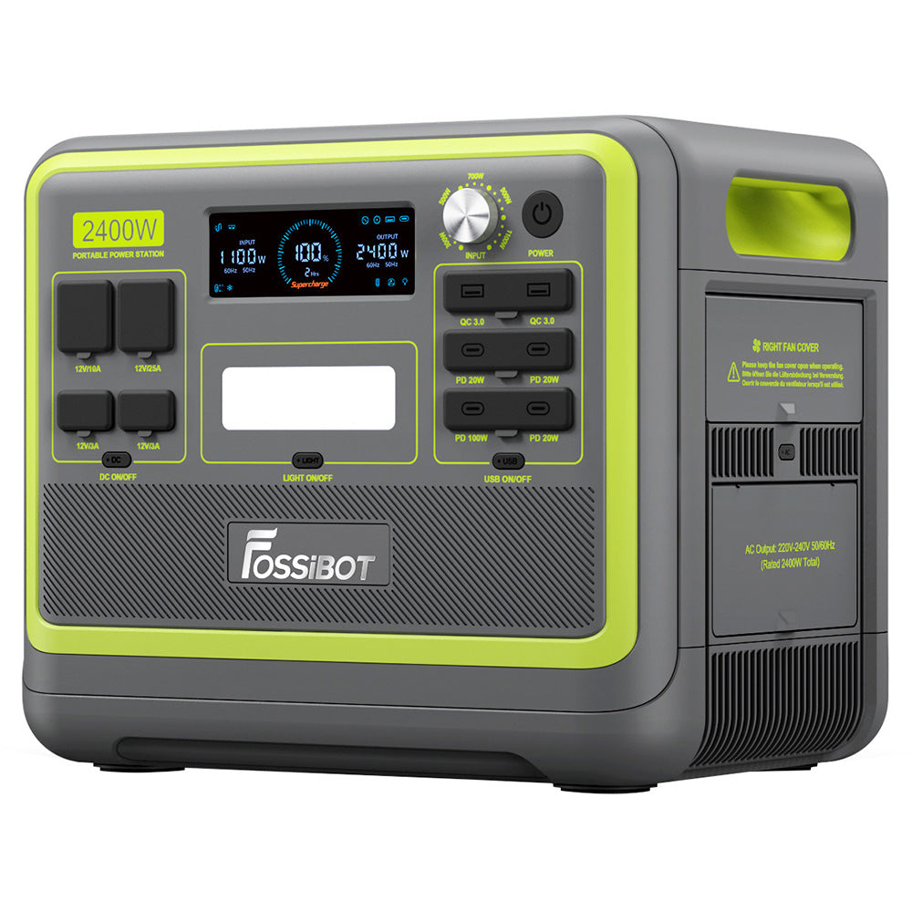 FOSSiBOT F2400 Portable Power Station, 2048Wh LiFePO4 Battery 2400W Output Solar Generator, 3xAC RV Car USB Type-C QC3.0 PD DC5521 Pure Sine Wave Full Outlets, 1.5 Hours Fast Charging, Input Power Adjustment Knob, Bidirectional Inverter - Green