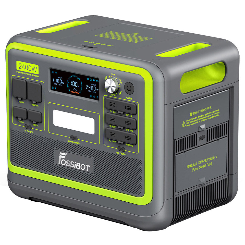 FOSSiBOT F2400 Portable Power Station, 2048Wh LiFePO4 Battery 2400W Output Solar Generator, 3xAC RV Car USB Type-C QC3.0 PD DC5521 Pure Sine Wave Full Outlets, 1.5 Hours Fast Charging, Input Power Adjustment Knob, Bidirectional Inverter - Green