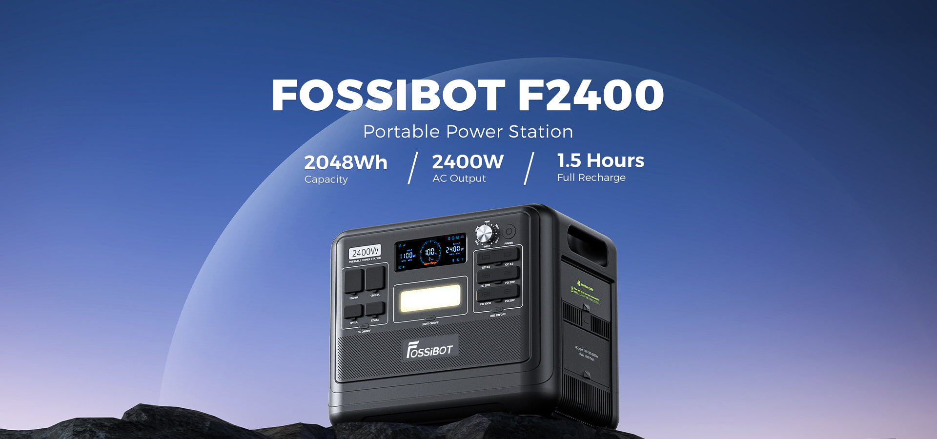 FOSSiBOT F2400 Portable Power Station, 2048Wh LiFePO4 Battery 2400W Output Solar Generator, 3xAC RV Car USB Type-C QC3.0 PD DC5521 Pure Sine Wave Full Outlets, 1.5 Hours Fast Charging, Input Power Adjustment Knob, Bidirectional Inverter - Green