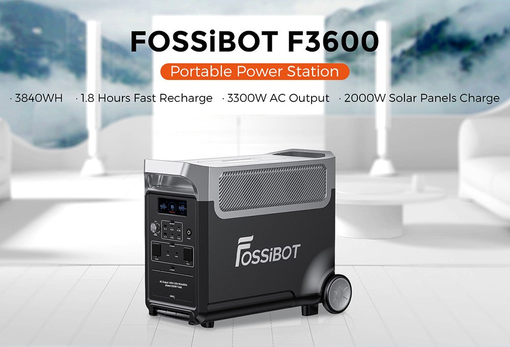 FOSSiBOT F3600 Portable Power Station, 3840Wh LiFePO4 Solar Generator, 3300W AC Output, 2000W Max Solar Charge, Fully Recharge in 1.8 Hours, 15 Output Ports, LCD Screen, Removable Flashlight Torch, 3W LED Light, with Rolling Wheels