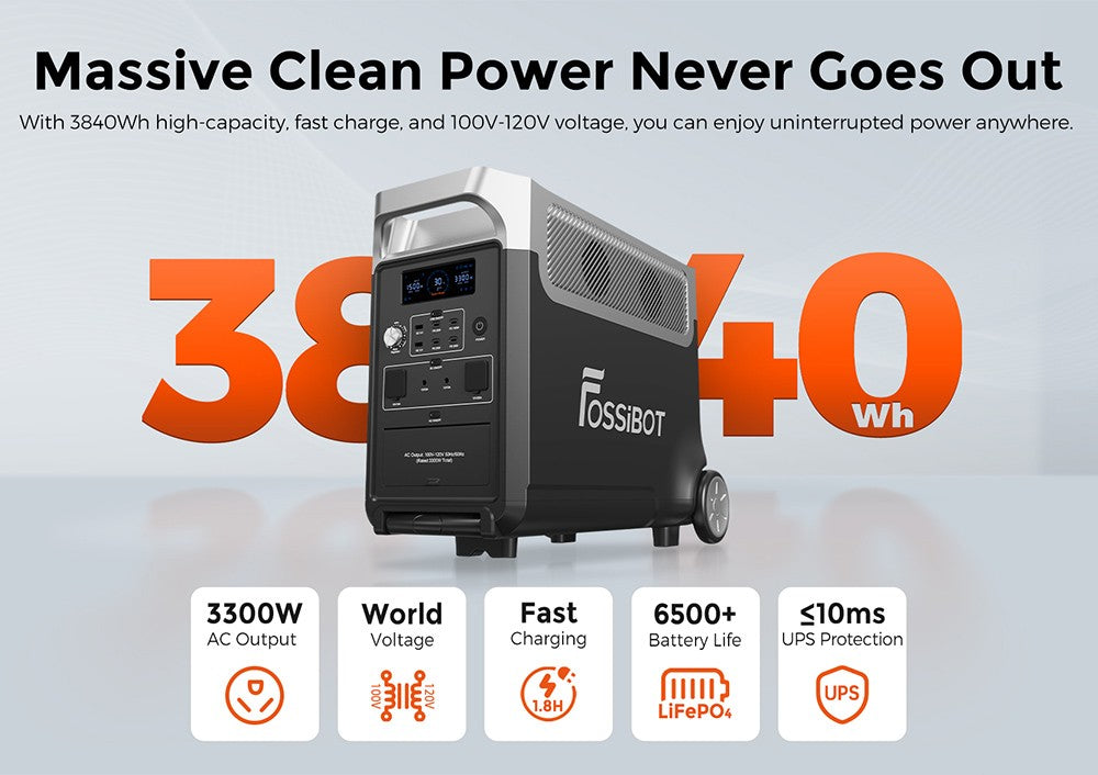 FOSSiBOT F3600 Portable Power Station, 3840Wh LiFePO4 Solar Generator, 3300W AC Output, 2000W Max Solar Charge, Fully Recharge in 1.8 Hours, 15 Output Ports, LCD Screen, Removable Flashlight Torch, 3W LED Light, with Rolling Wheels