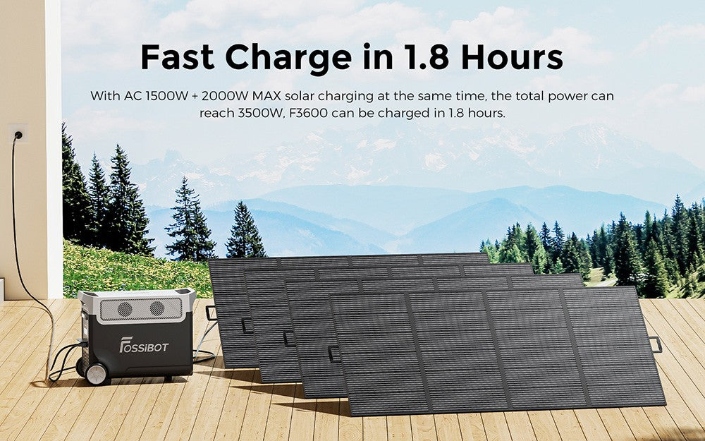 FOSSiBOT F3600 Portable Power Station, 3840Wh LiFePO4 Solar Generator, 3300W AC Output, 2000W Max Solar Charge, Fully Recharge in 1.8 Hours, 15 Output Ports, LCD Screen, Removable Flashlight Torch, 3W LED Light, with Rolling Wheels