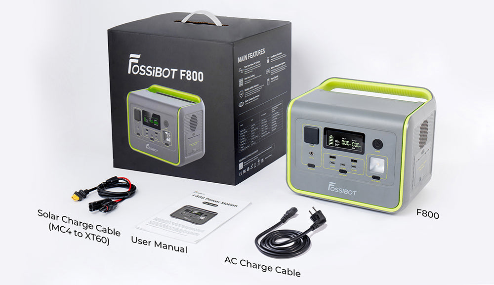 FOSSiBOT F800 Portable Power Station, 512Wh LiFePO4 Solar Generator, 800W AC Output, 200W Max Solar Input, 8 Outlets, LED Light - Green