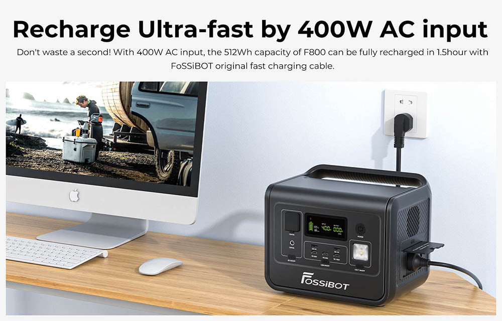 FOSSiBOT F800 Portable Power Station, 512Wh LiFePO4 Solar Generator, 800W AC Output, 200W Max Solar Input, 8 Outlets, LED Light - Green