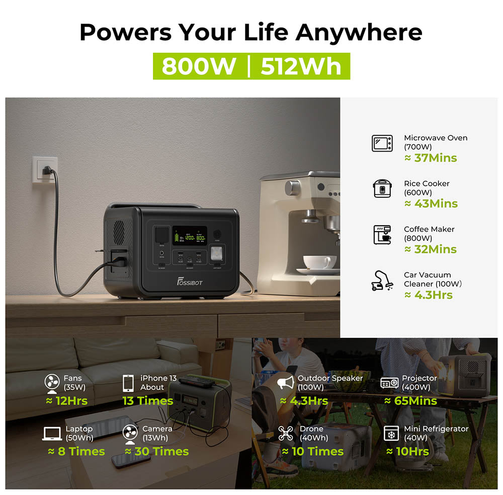 FOSSiBOT F800 Portable Power Station, 512Wh LiFePO4 Solar Generator, 800W AC Output, 200W Max Solar Input, 8 Outlets, LED Light - Green