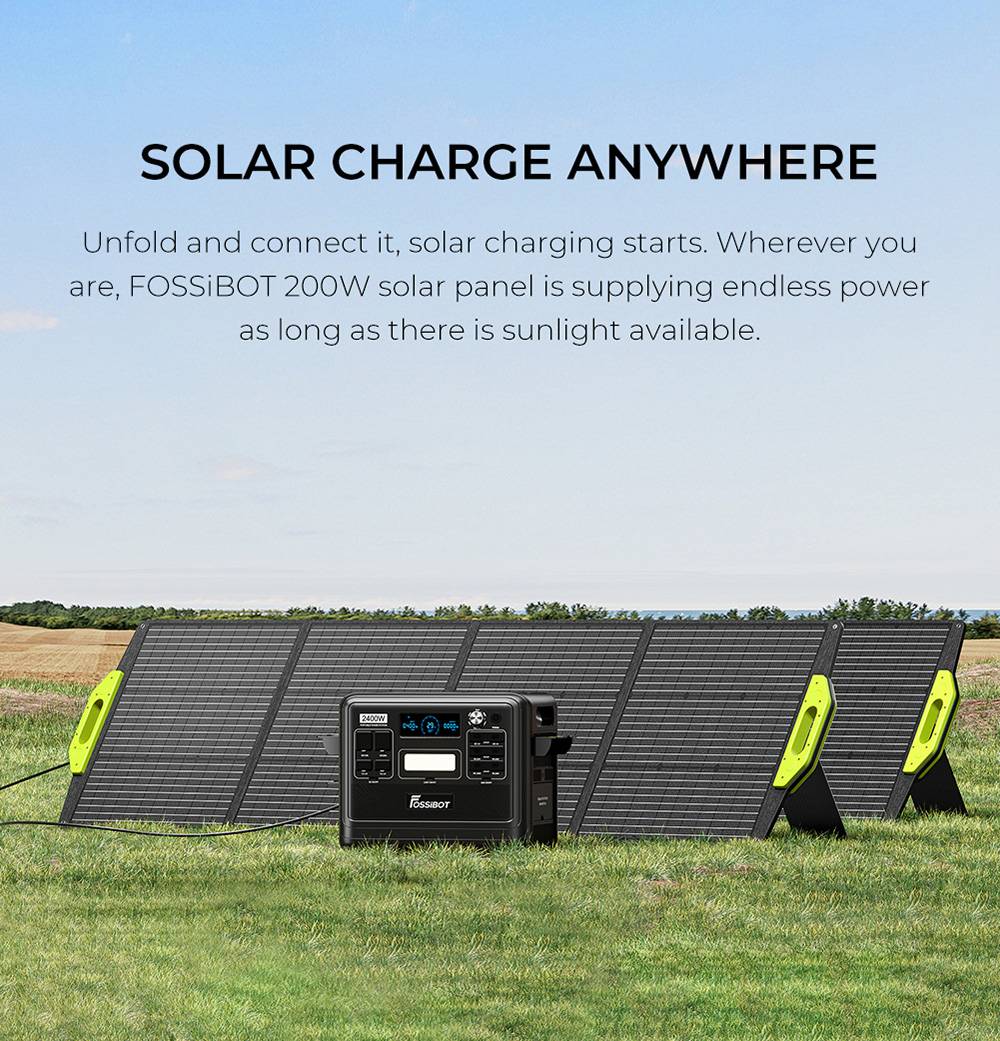 FOSSiBOT SP200 200W Foldable Solar Panel, 23.4% High Cell Efficiency, ETFE Coating, Adjustable Kickstands for Home, RV, Camping, Blackout - Green