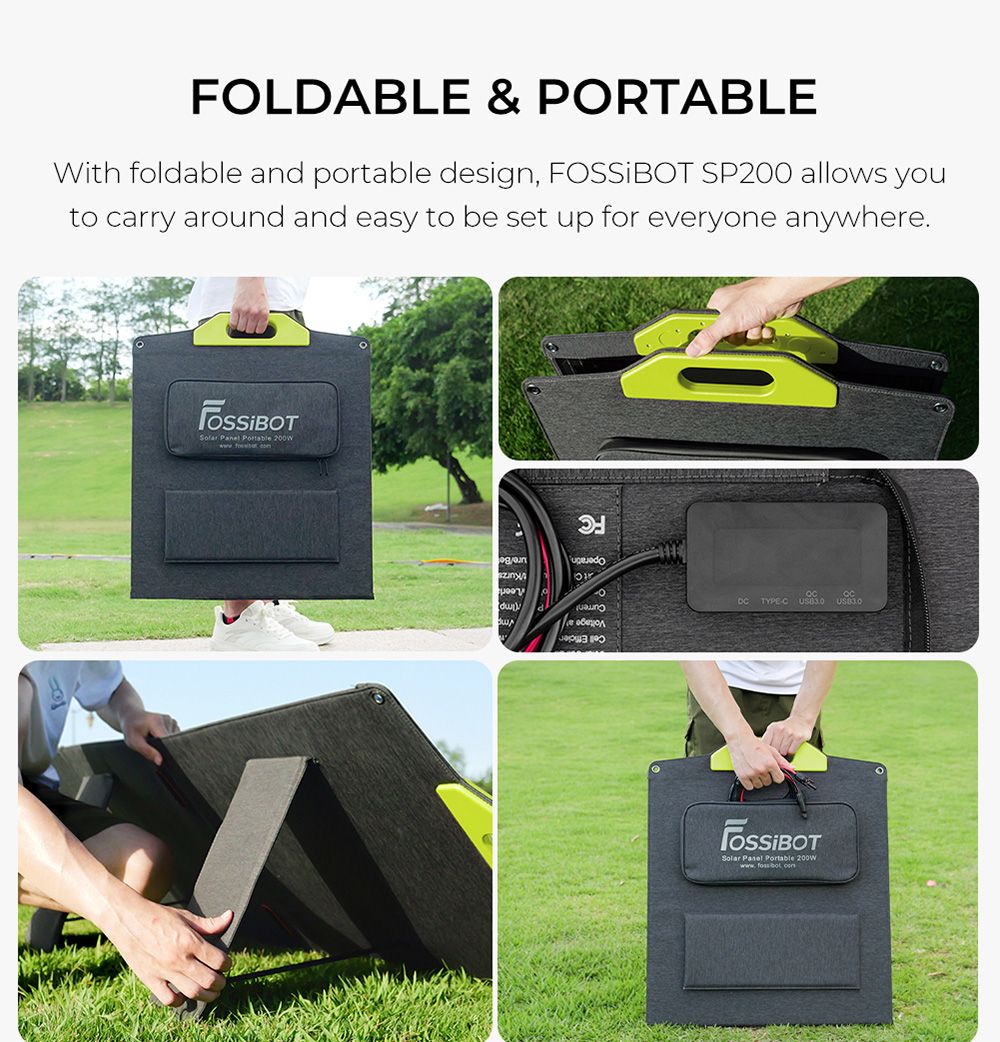 FOSSiBOT SP200 200W Foldable Solar Panel, 23.4% High Cell Efficiency, ETFE Coating, Adjustable Kickstands for Home, RV, Camping, Blackout - Green