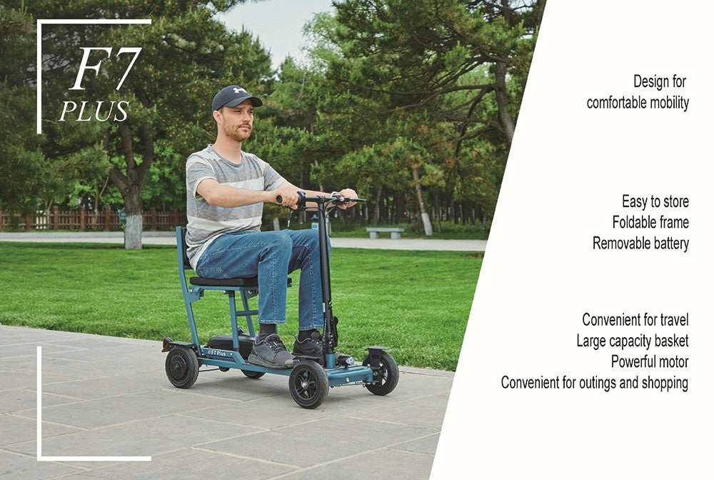Freejoyer F7 Plus Vierrad-Elektroroller mit Sitz, 300-W-Motor, 36-V-21-Ah-Akku, 15 km/h Höchstgeschwindigkeit, 35 km maximale Reichweite – Grau-Blau