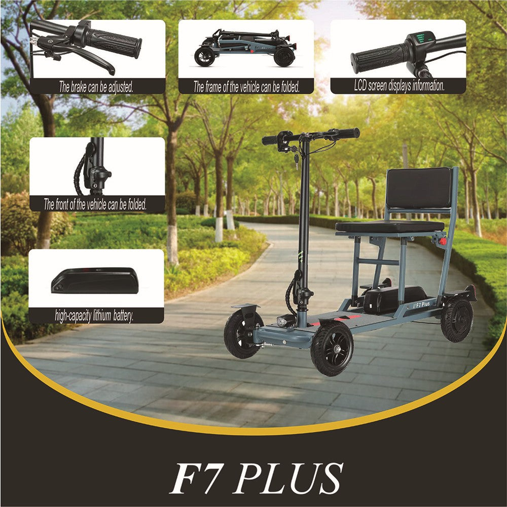 Freejoyer F7 Plus Vierrad-Elektroroller mit Sitz, 300-W-Motor, 36-V-21-Ah-Akku, 15 km/h Höchstgeschwindigkeit, 35 km maximale Reichweite – Grau-Blau