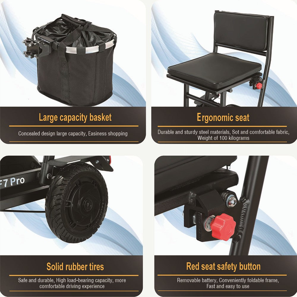 Freejoyer F7 Pro Vierrad-Elektroroller mit Sitz, 300-W-Motor, 36-V-13-Ah-Akku, 15 km/h Höchstgeschwindigkeit, 35 km maximale Reichweite – Schwarz