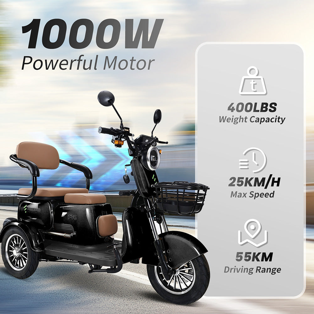 Freejoyer FV6 Elektrodreirad, 1000-W-Motor, 60-V-20-Ah-Akku, 10 x 3 Zoll Reifen, 25 km/h Höchstgeschwindigkeit, 55 km Reichweite, Scheibenbremse vorne und Trommelbremse hinten, hydraulische Vorderradgabel – Schwarz
