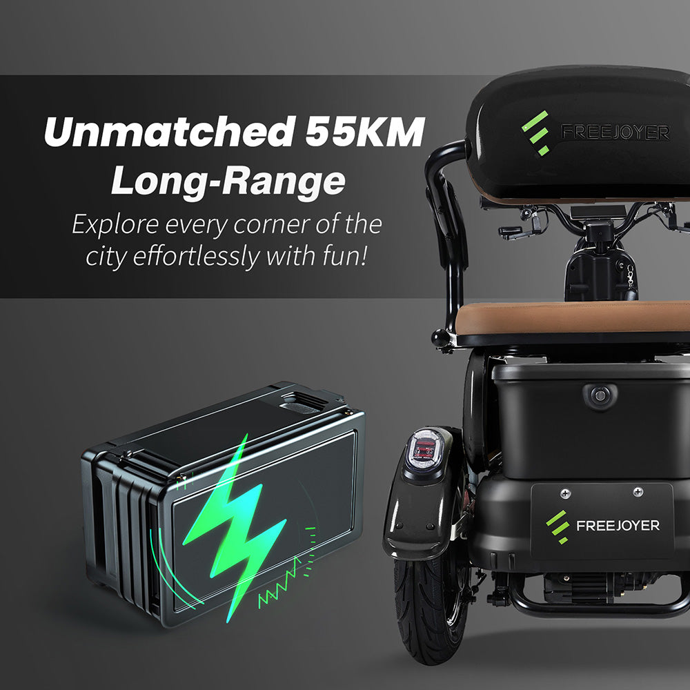 Freejoyer FV6 Elektrodreirad, 1000-W-Motor, 60-V-20-Ah-Akku, 10 x 3 Zoll Reifen, 25 km/h Höchstgeschwindigkeit, 55 km Reichweite, Scheibenbremse vorne und Trommelbremse hinten, hydraulische Vorderradgabel – Schwarz