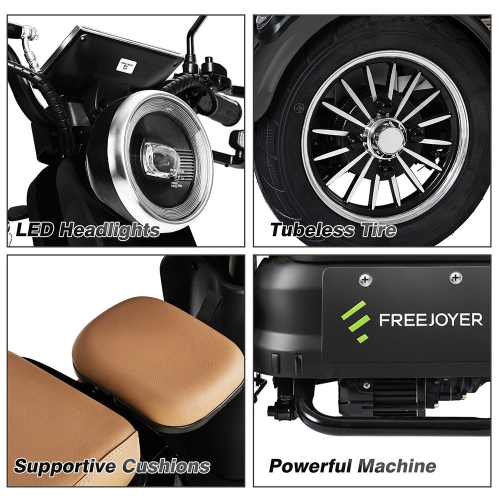Freejoyer FV6 Elektrodreirad, 1000-W-Motor, 60-V-20-Ah-Akku, 10 x 3 Zoll Reifen, 25 km/h Höchstgeschwindigkeit, 55 km Reichweite, Scheibenbremse vorne und Trommelbremse hinten, hydraulische Vorderradgabel – Schwarz