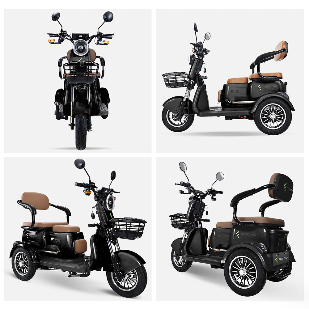 Freejoyer FV6 Elektrodreirad, 1000-W-Motor, 60-V-20-Ah-Akku, 10 x 3 Zoll Reifen, 25 km/h Höchstgeschwindigkeit, 55 km Reichweite, Scheibenbremse vorne und Trommelbremse hinten, hydraulische Vorderradgabel – Schwarz