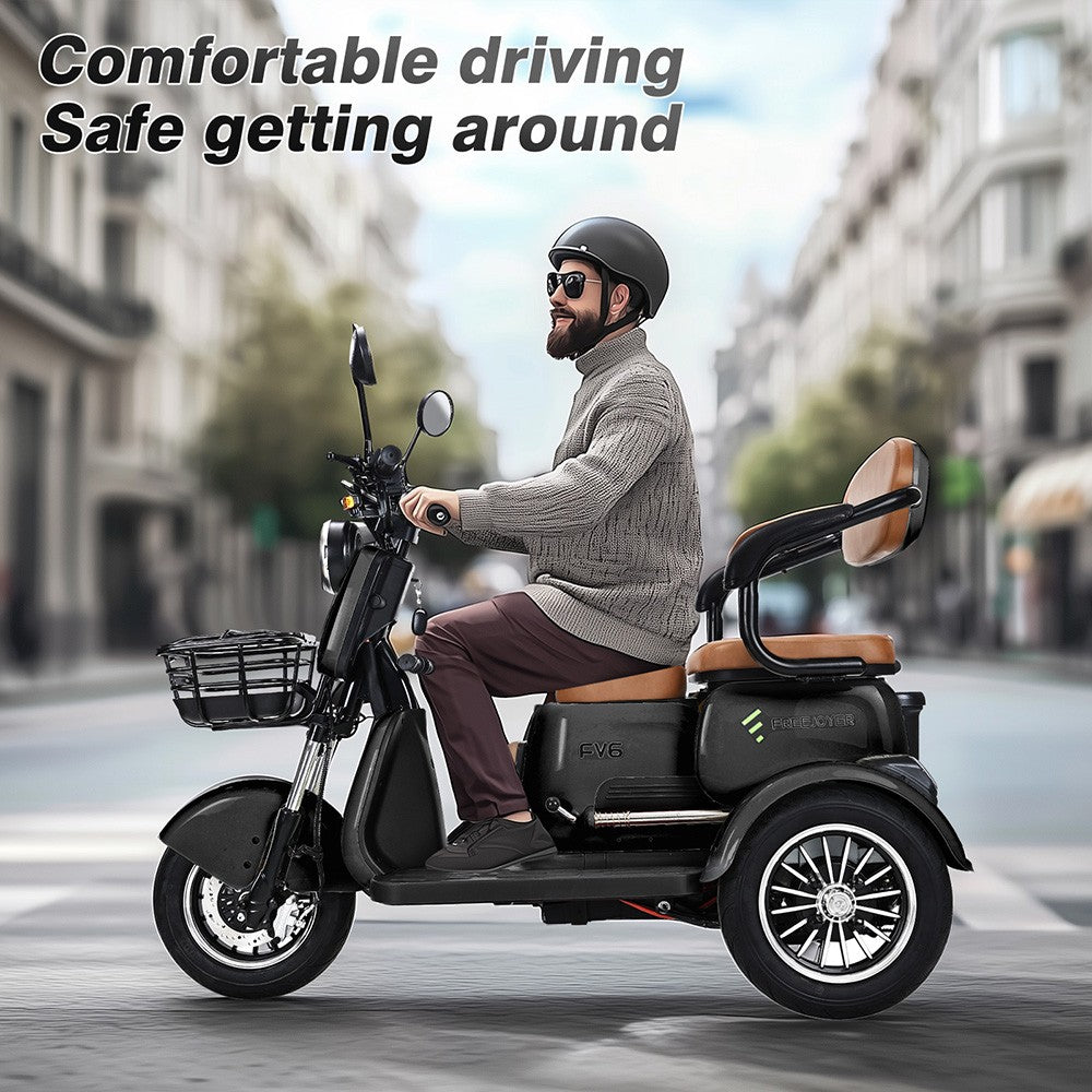 Freejoyer FV6 Elektrodreirad, 1000-W-Motor, 60-V-20-Ah-Akku, 10 x 3 Zoll Reifen, 25 km/h Höchstgeschwindigkeit, 55 km Reichweite, Scheibenbremse vorne und Trommelbremse hinten, hydraulische Vorderradgabel – Schwarz