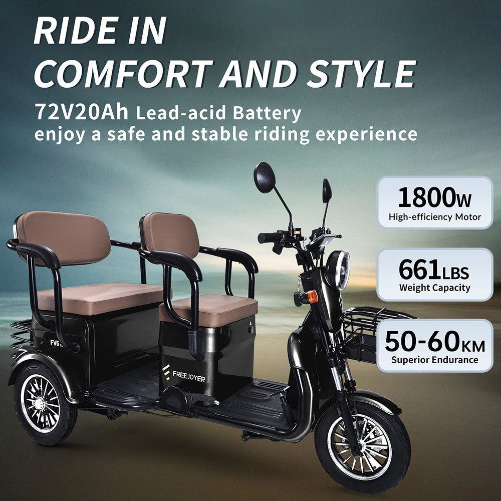 Freejoyer FV6 Max Electric Tricycle, 1800W Motor, 72V 20Ah Battery, 10*3 inch Tire, 25km/h Max Speed, 60km Range, Front Disc Brake & Rear Drum Brake, Hydraulic Front Fork - Black