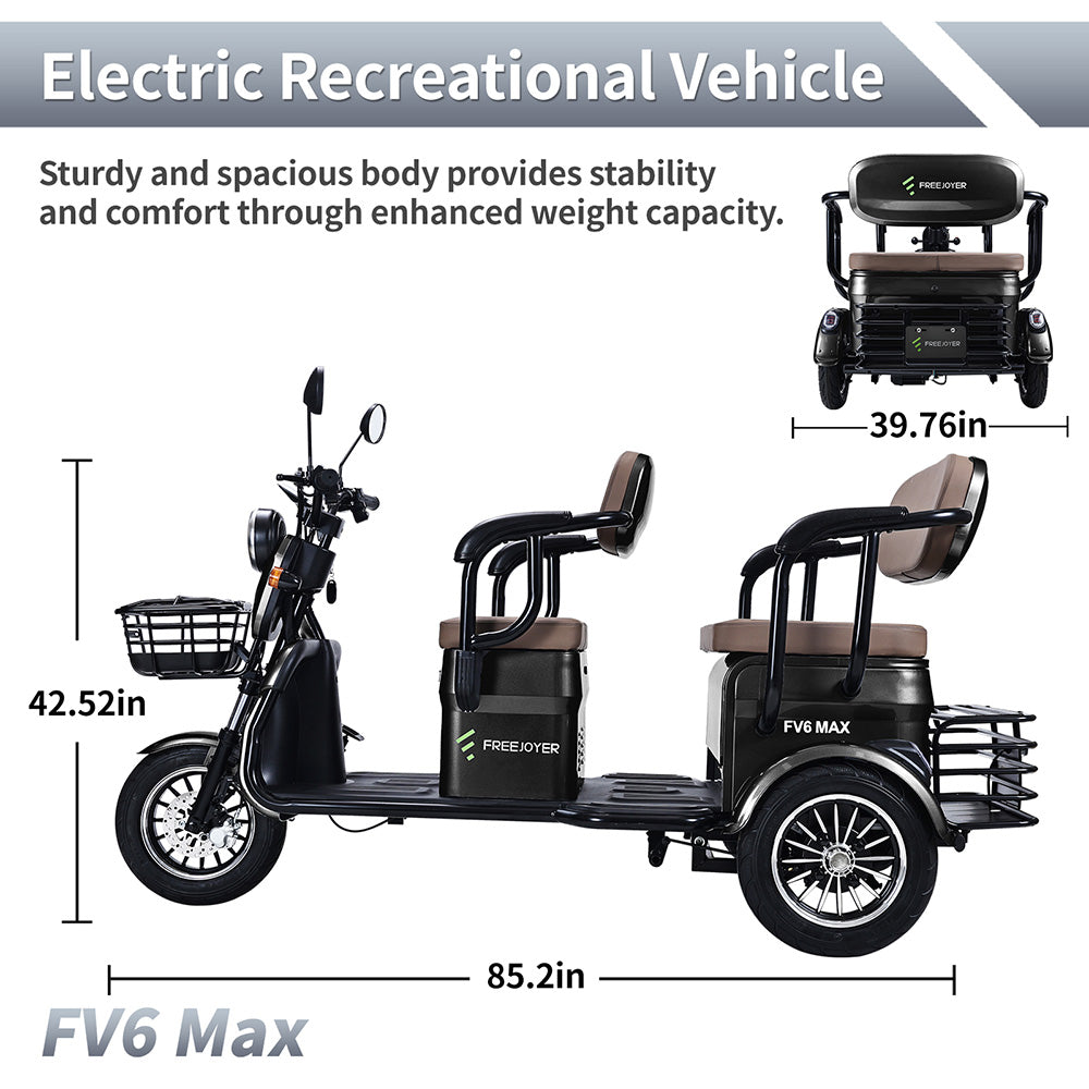 Freejoyer FV6 Max Electric Tricycle, 1800W Motor, 72V 20Ah Battery, 10*3 inch Tire, 25km/h Max Speed, 60km Range, Front Disc Brake & Rear Drum Brake, Hydraulic Front Fork - Black