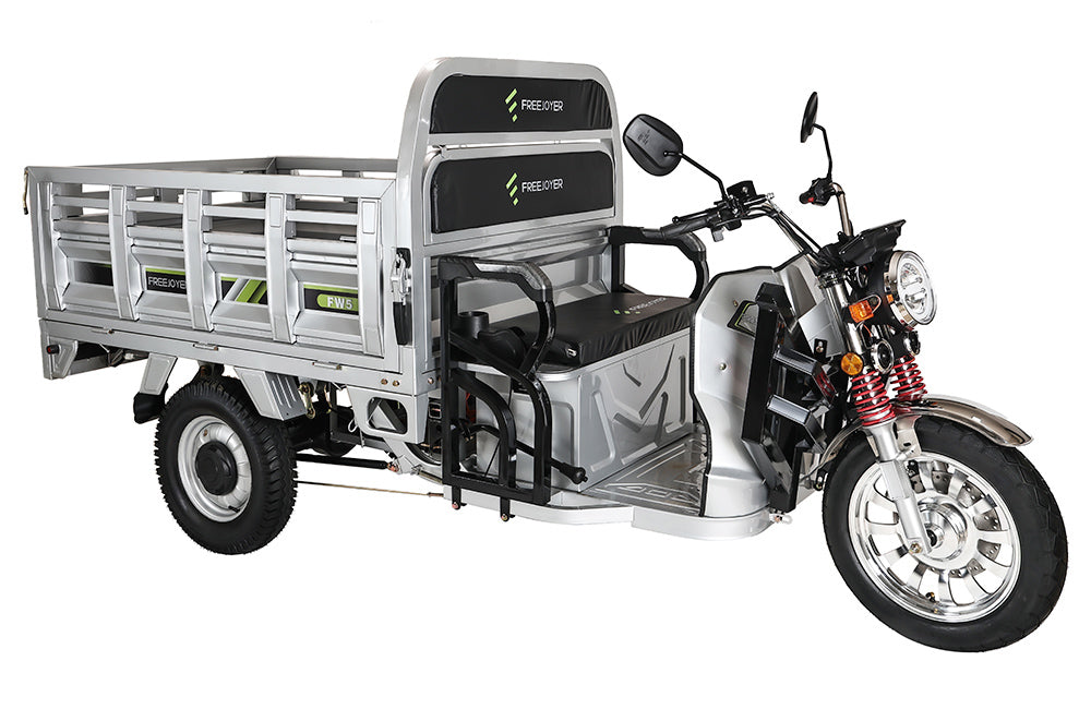 Freejoyer FW5 Elektrisches Lastendreirad, 3000-W-Motor, 72-V-58-Ah-Akku, 45 km/h Höchstgeschwindigkeit, 86 km Reichweite, Scheibenbremse vorne und Trommelbremse hinten, Stoßdämpfung vorne und hinten – Silber