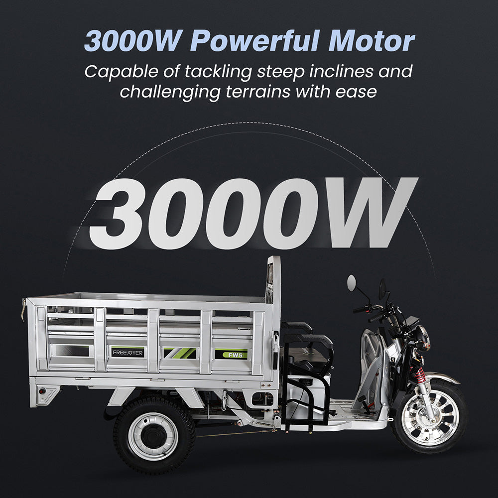Freejoyer FW5 Elektrisches Lastendreirad, 3000-W-Motor, 72-V-58-Ah-Akku, 45 km/h Höchstgeschwindigkeit, 86 km Reichweite, Scheibenbremse vorne und Trommelbremse hinten, Stoßdämpfung vorne und hinten – Silber